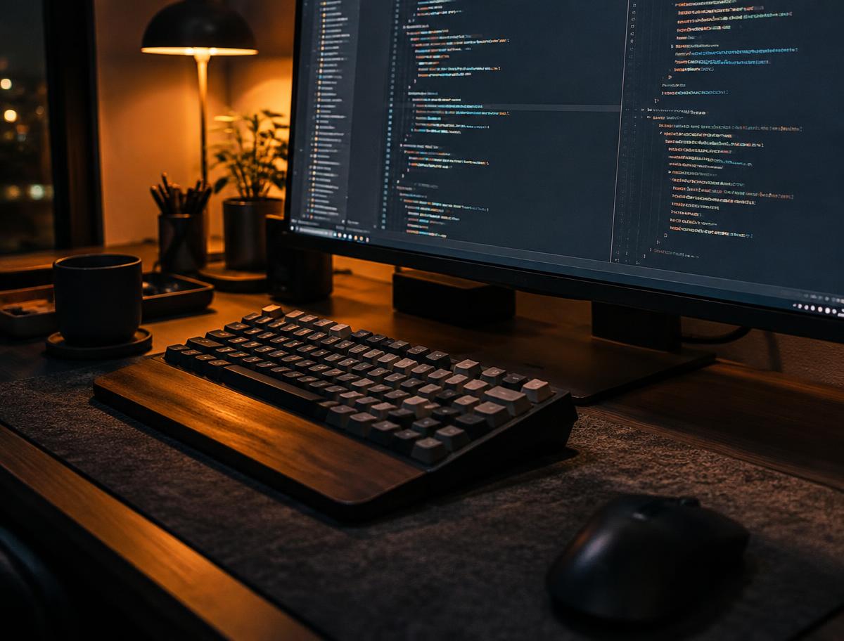 Desk with a monitor showing code, a keyboard and a coffee cup
